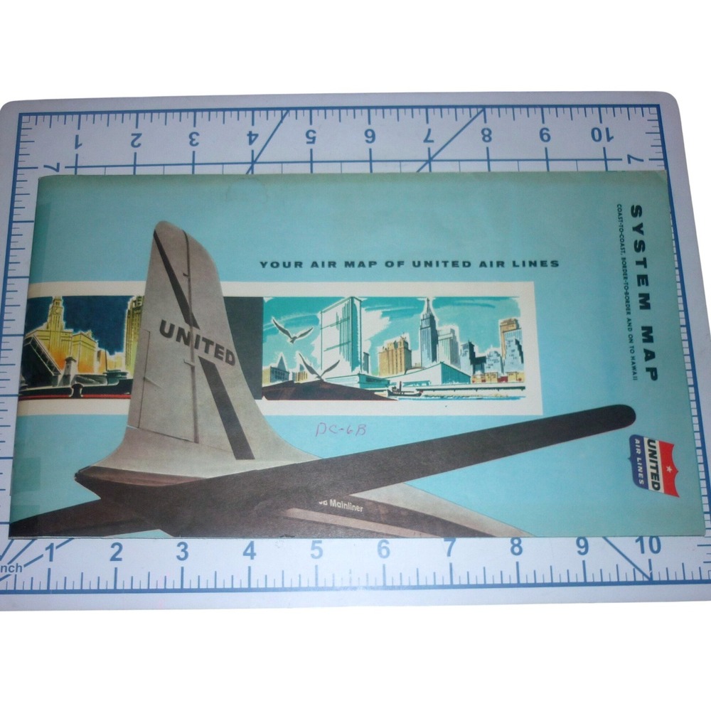 Vintage 1958 United Air Lines System Route Map Brochure Mainliner Fleet DC-7 10"